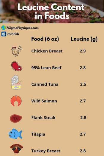 Infographic showing the amount of leucine in different foods.